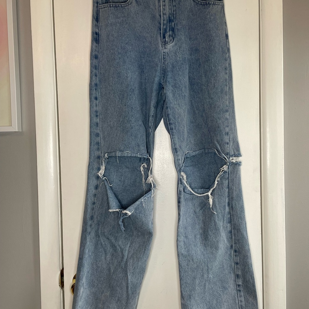 Blue Straight Leg Distressed Jeans
